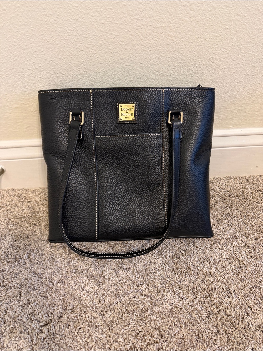 Dooney & Bourke Black Pebbled Leather Shoulder Tote with Gold Plaque
